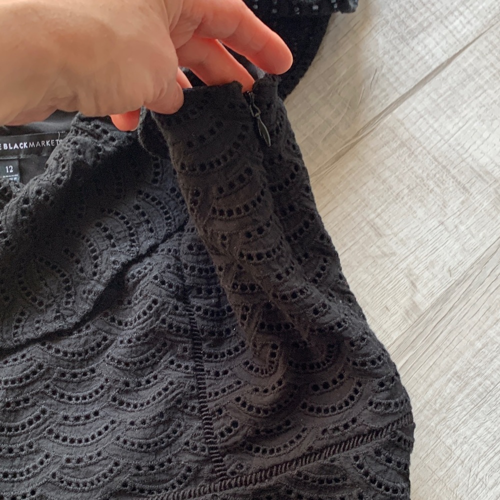 White House Black Market Black Eyelet Ruffle Peplum Top, size 12. - Picture 7 of 11